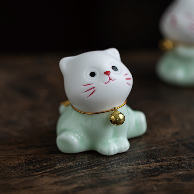 Mini Lucky Cute Cat Light Green White Ceramic Figurine Decoration - Image 6