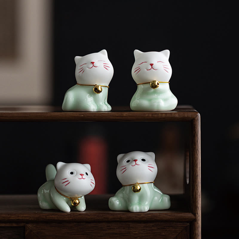 Mini Lucky Cute Cat Light Green White Ceramic Figurine Decoration - Image 21