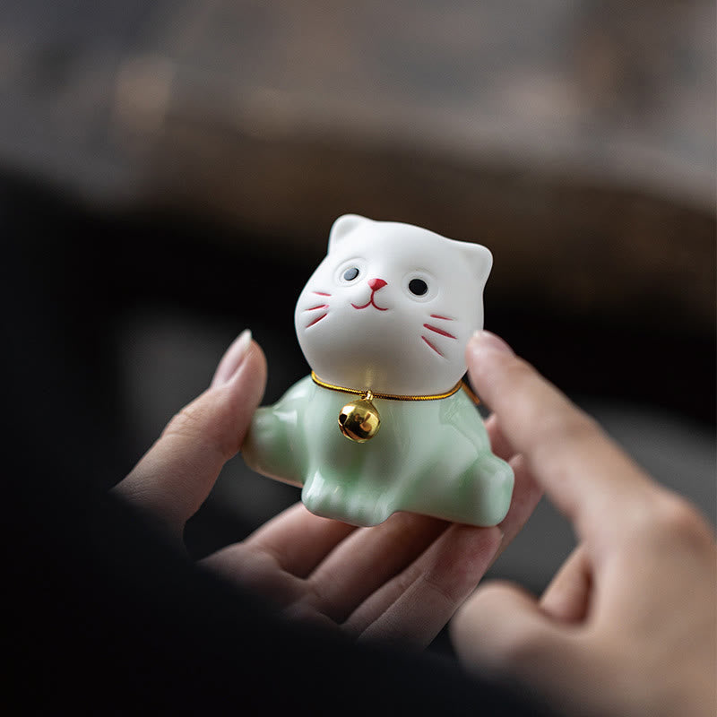 Mini Lucky Cute Cat Light Green White Ceramic Figurine Decoration - Image 9