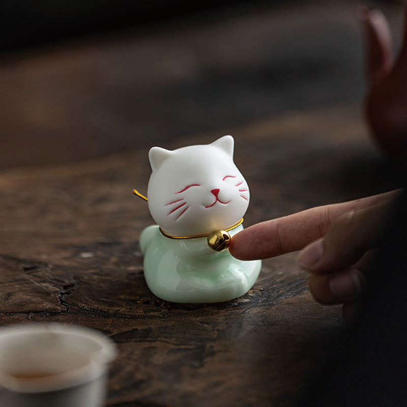 Mini Lucky Cute Cat Light Green White Ceramic Figurine Decoration - Image 18