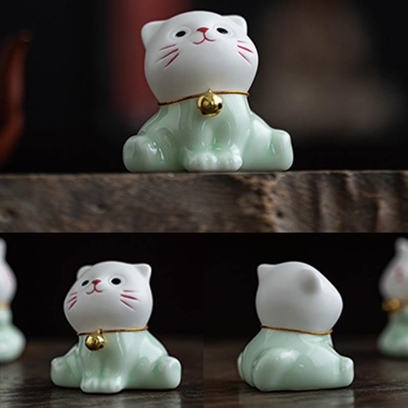 Mini Lucky Cute Cat Light Green White Ceramic Figurine Decoration - Image 11