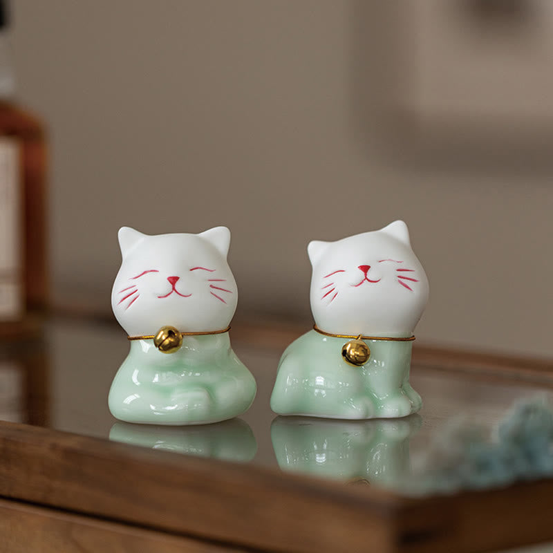 Mini Lucky Cute Cat Light Green White Ceramic Figurine Decoration - Image 20