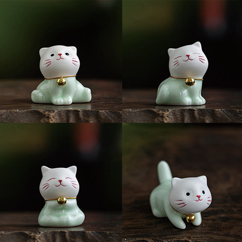 Mini Lucky Cute Cat Light Green White Ceramic Figurine Decoration - Image 22