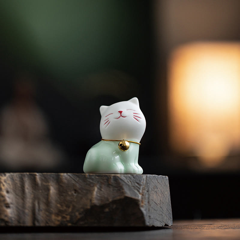 Mini Lucky Cute Cat Light Green White Ceramic Figurine Decoration - Image 4