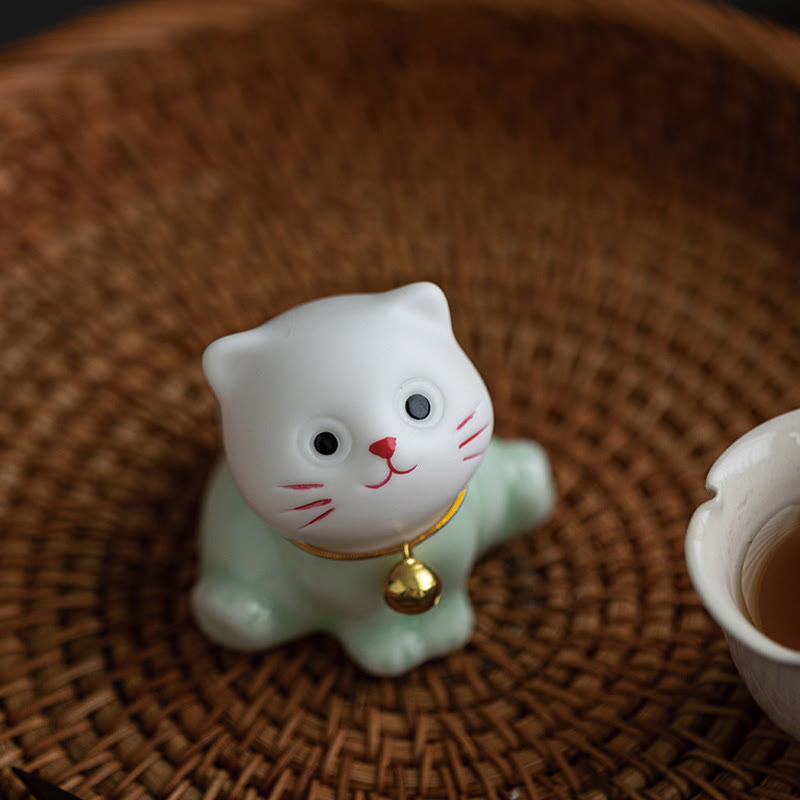 Mini Lucky Cute Cat Light Green White Ceramic Figurine Decoration - Image 10