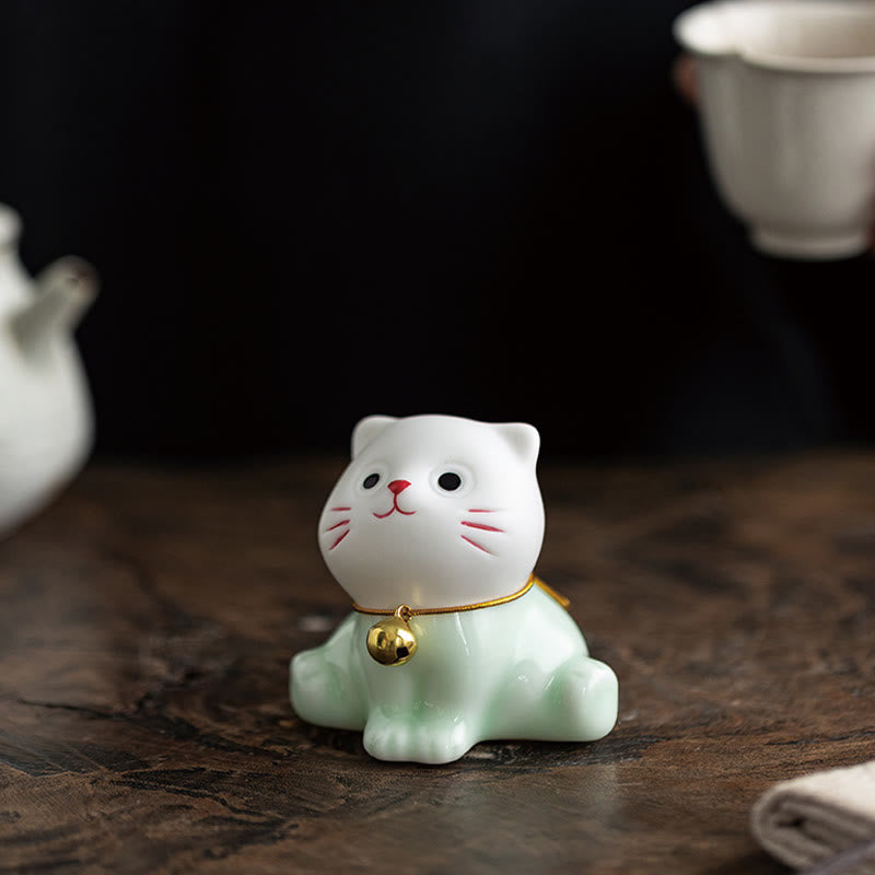 Mini Lucky Cute Cat Light Green White Ceramic Figurine Decoration - Image 8