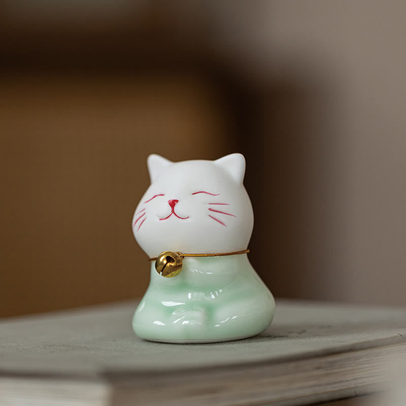 Mini Lucky Cute Cat Light Green White Ceramic Figurine Decoration - Image 19