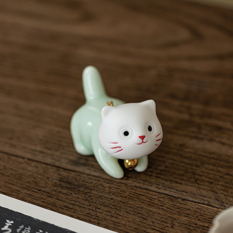 Mini Lucky Cute Cat Light Green White Ceramic Figurine Decoration - Image 16
