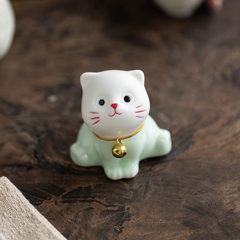 Mini Lucky Cute Cat Light Green White Ceramic Figurine Decoration - Image 7