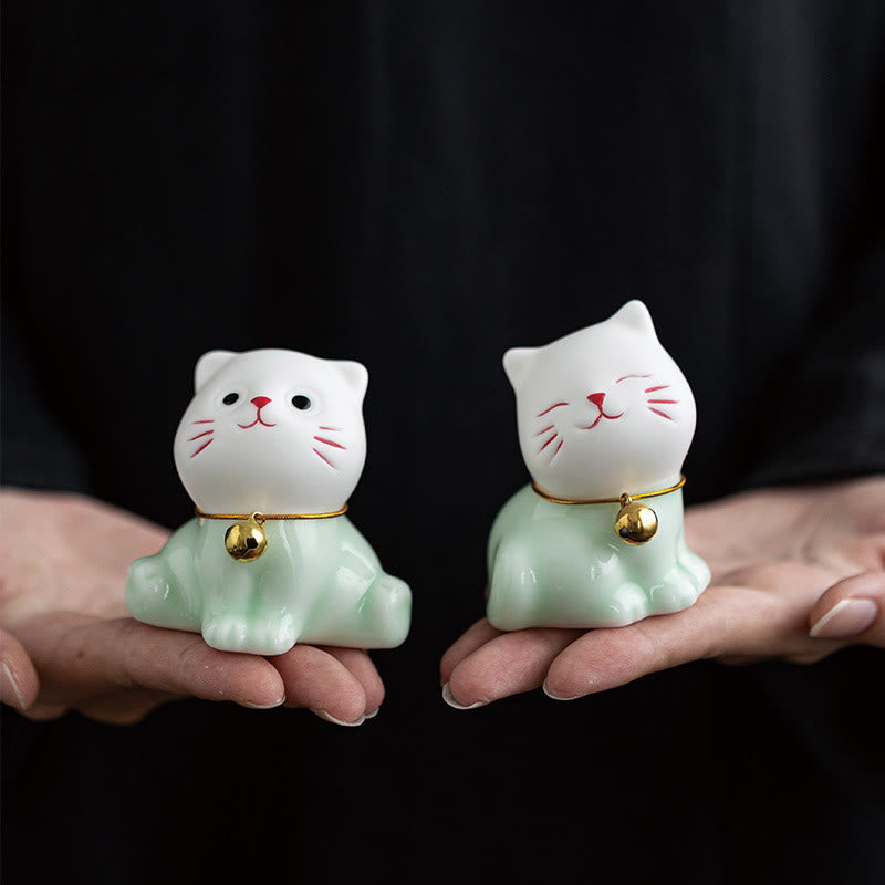 Mini Lucky Cute Cat Light Green White Ceramic Figurine Decoration