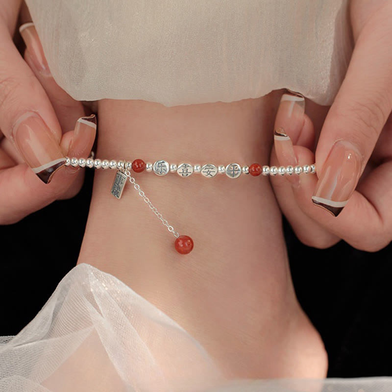 925 Sterling Silver Small Beads Red Agate Peace And Joy Blessing Anklet