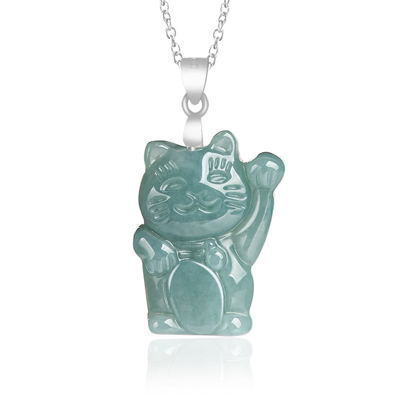 925 Sterling Silver Natural Jade Lucky Cat Abundance Necklace Pendant