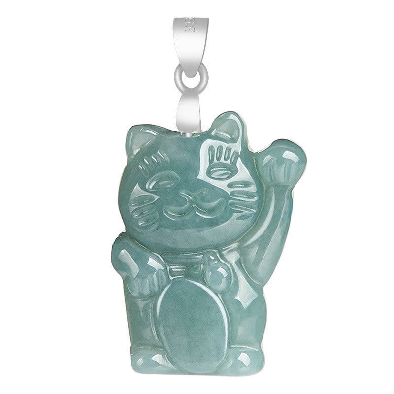 925 Sterling Silver Natural Jade Lucky Cat Abundance Necklace Pendant - Image 5