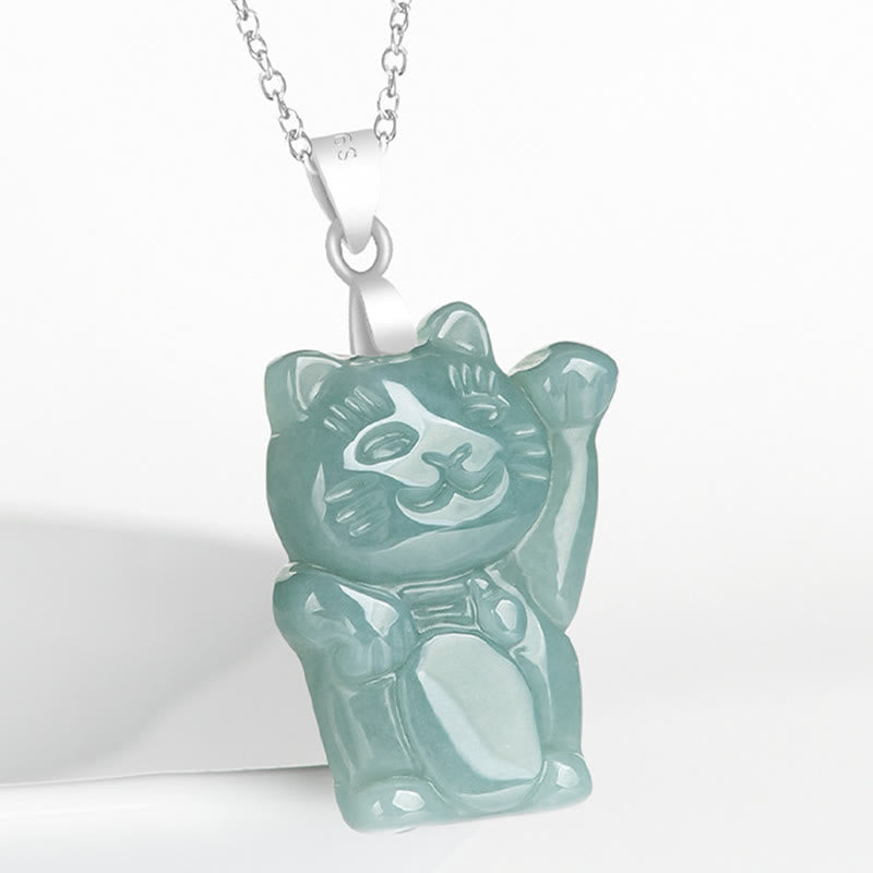 925 Sterling Silver Natural Jade Lucky Cat Abundance Necklace Pendant - Image 3