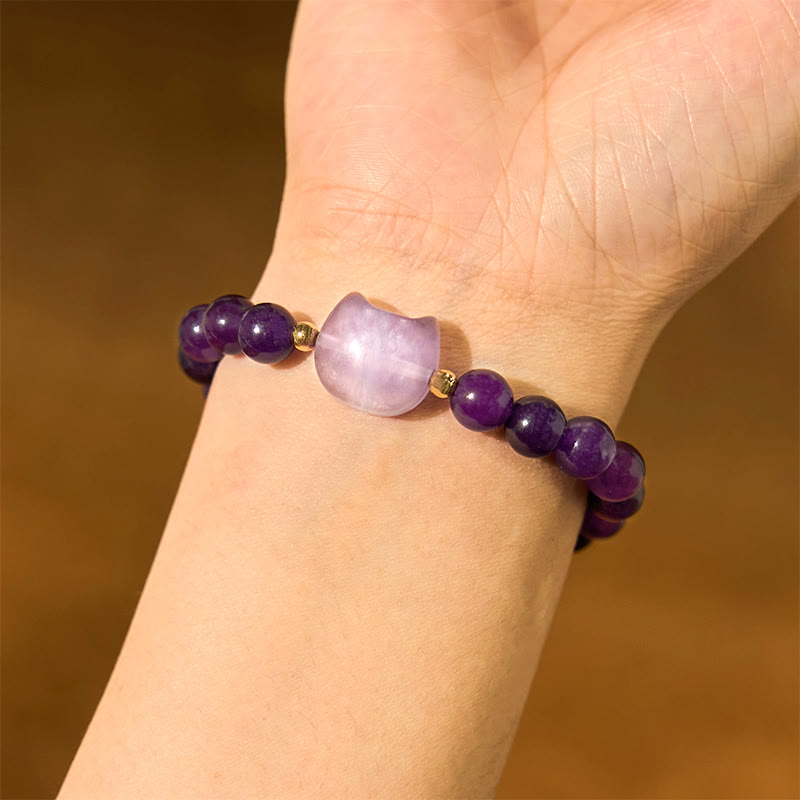 Amethyst Green Aventurine Rose Quartz Fluorite Cat Head Balance Luck Bracelet - Image 3