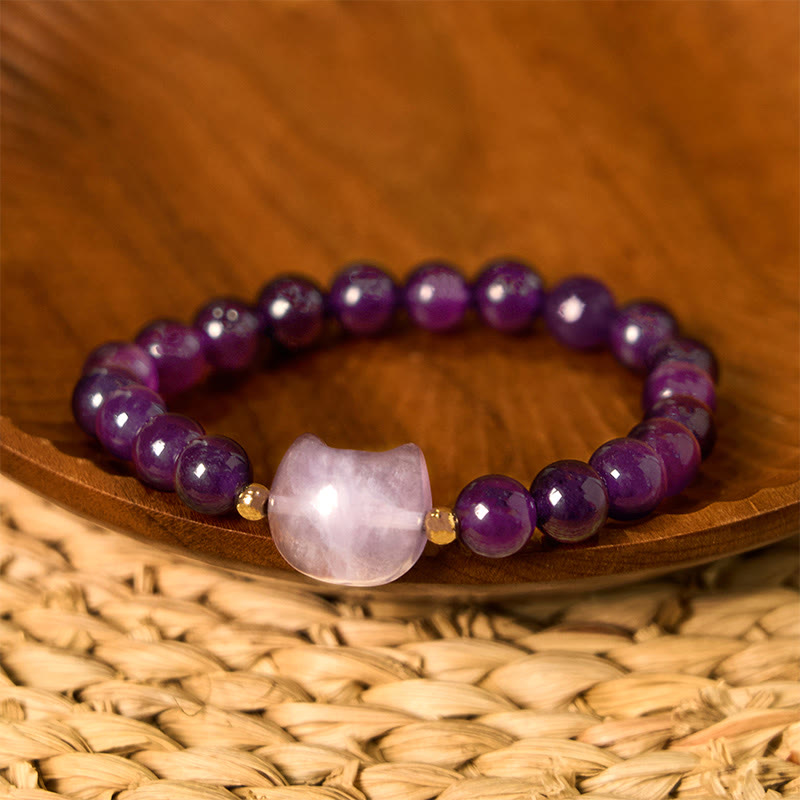 Amethyst Green Aventurine Rose Quartz Fluorite Cat Head Balance Luck Bracelet