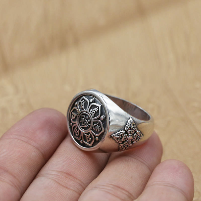 Tibetan Om Mani Padme Hum Vajra Pattern Copper Focus Rotatable Ring - Image 3