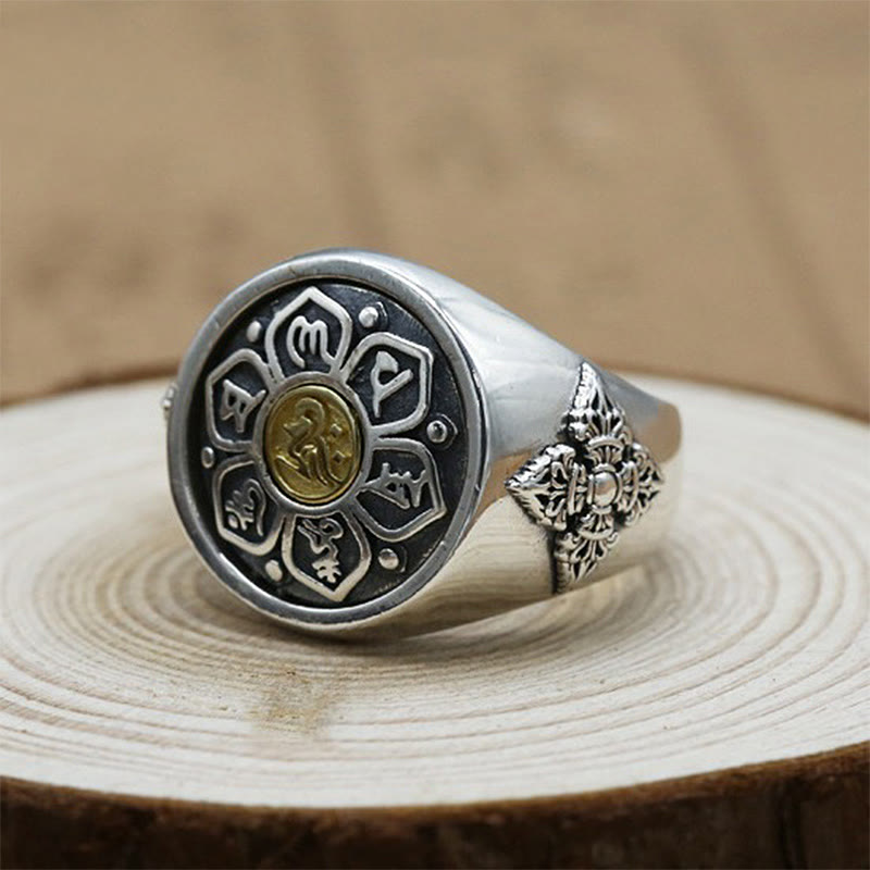 Tibetan Om Mani Padme Hum Vajra Pattern Copper Focus Rotatable Ring - Image 4