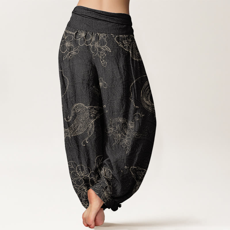 Koi Fish Floral Pattern Women's Elastic Waist Harem Pants - Image 3
