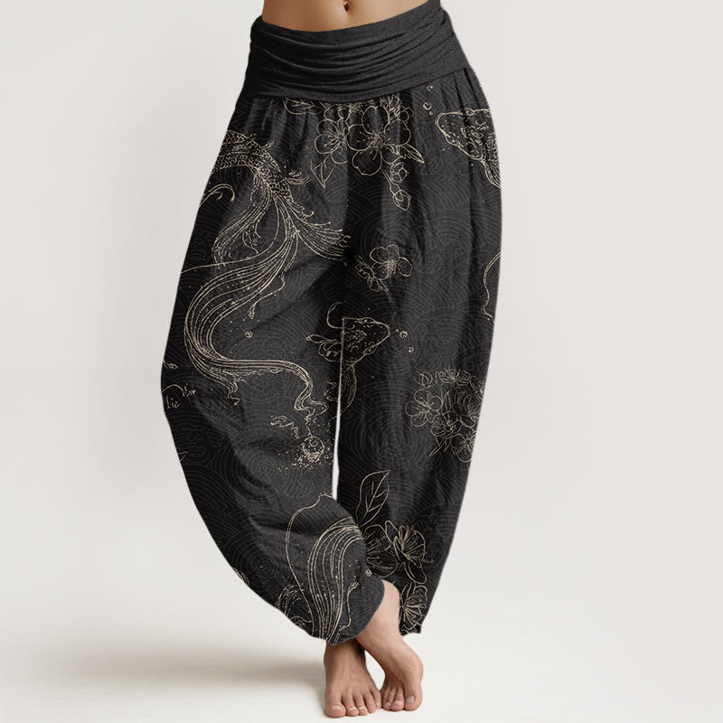 Koi Fish Floral Pattern Women's Elastic Waist Harem Pants