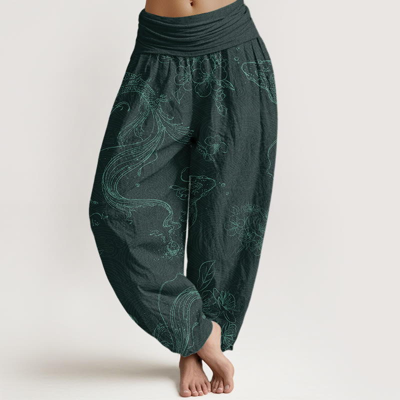 Koi Fish Floral Pattern Women's Elastic Waist Harem Pants - Image 8
