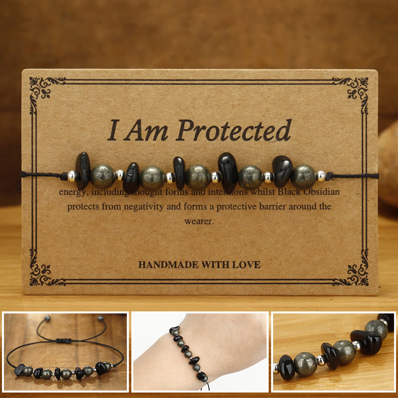 I Am Protected Iron Pyrite Black Obsidian Fulfillment Bracelet