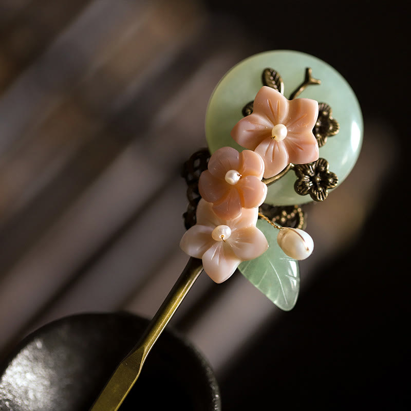 Copper Jade Shell Flower Leaves Luck Hairpin