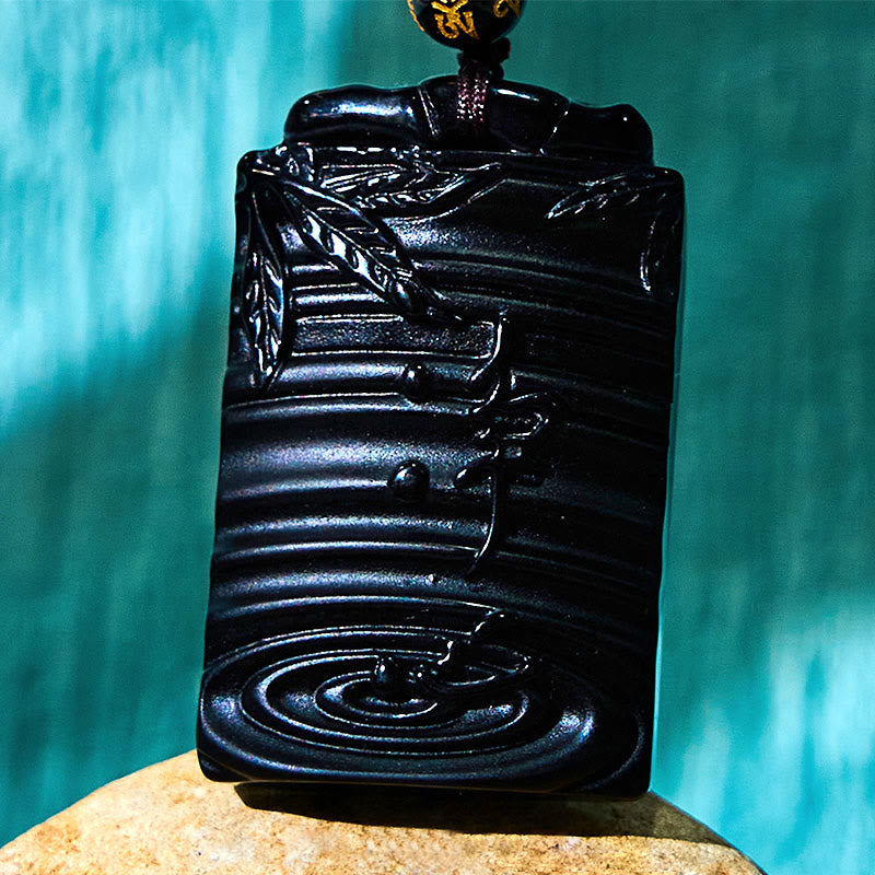 Natural Black Obsidian Bamboo Fulfillment Necklace Pendant - Image 13