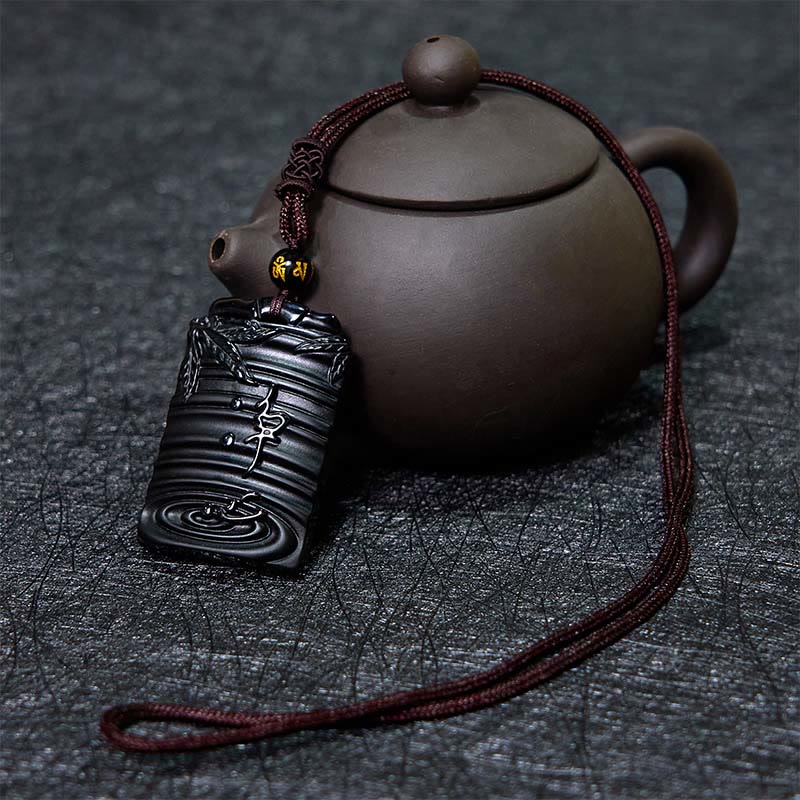 Natural Black Obsidian Bamboo Fulfillment Necklace Pendant - Image 4