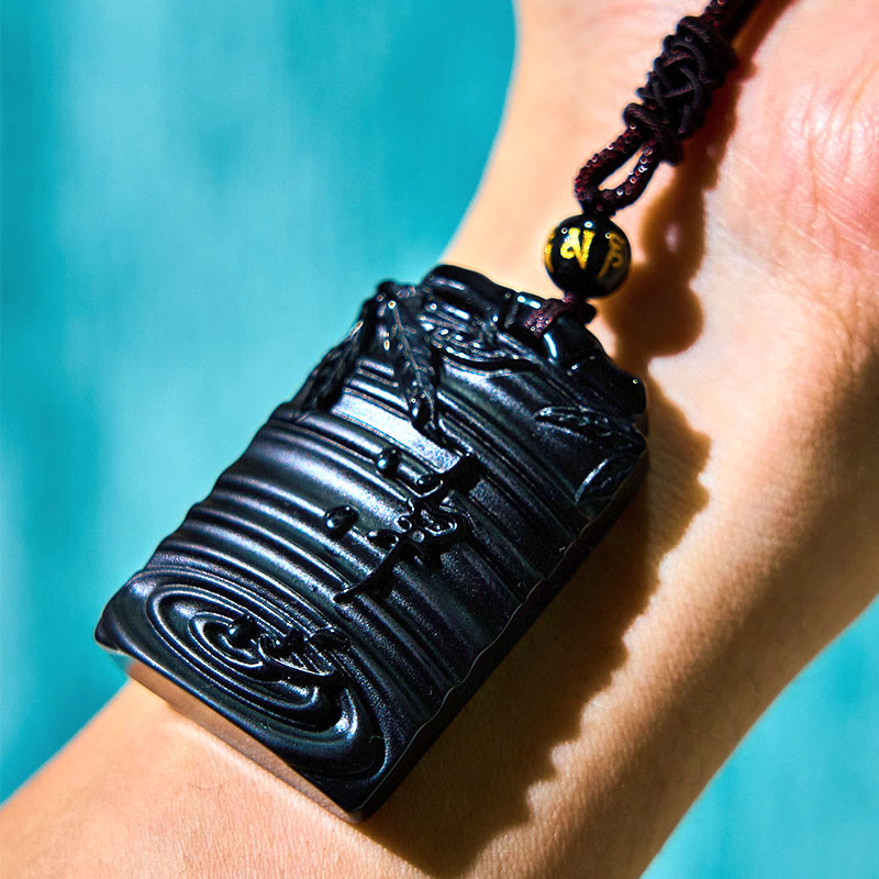 Natural Black Obsidian Bamboo Fulfillment Necklace Pendant - Image 11