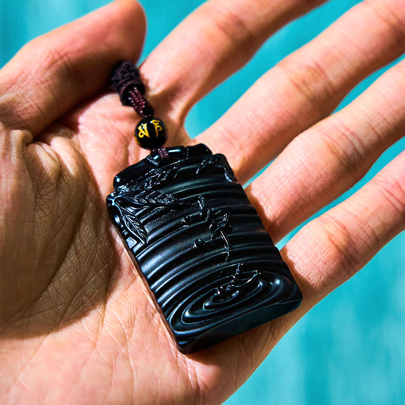 Natural Black Obsidian Bamboo Fulfillment Necklace Pendant - Image 10