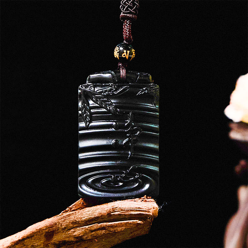 Natural Black Obsidian Bamboo Fulfillment Necklace Pendant - Image 9