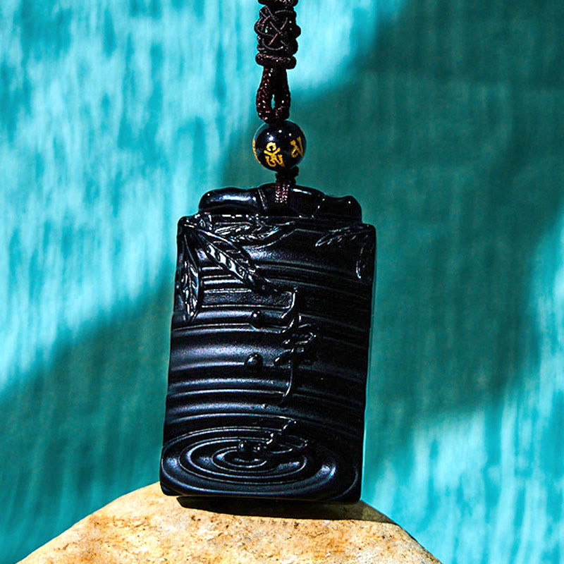 Natural Black Obsidian Bamboo Fulfillment Necklace Pendant - Image 12