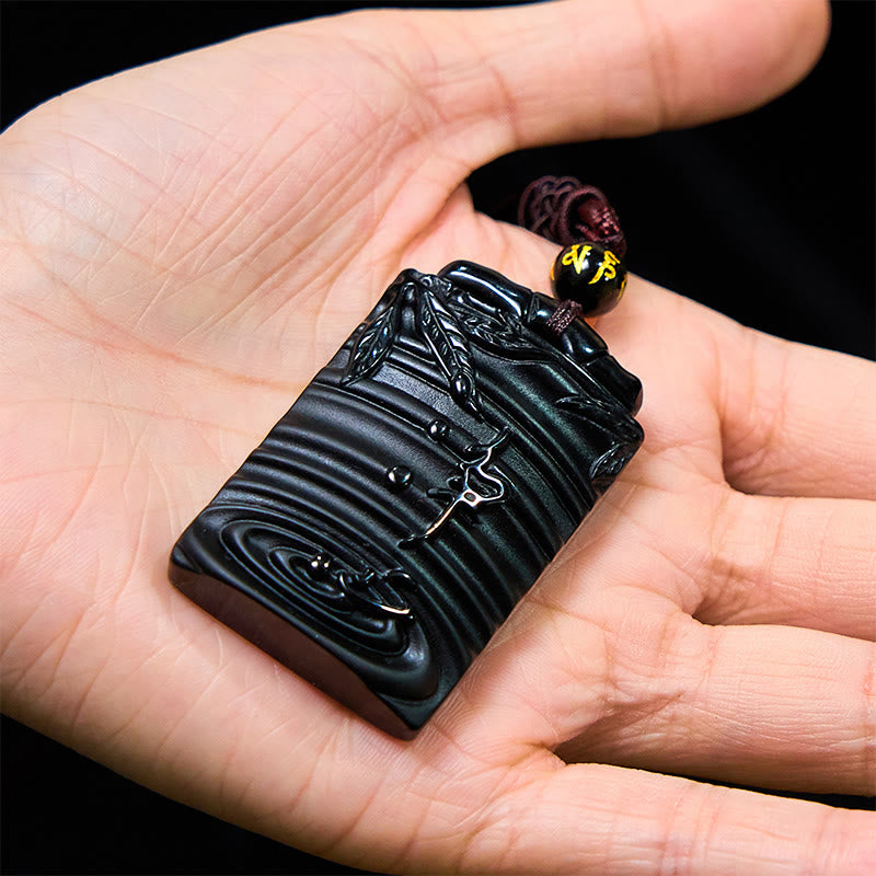 Natural Black Obsidian Bamboo Fulfillment Necklace Pendant - Image 5