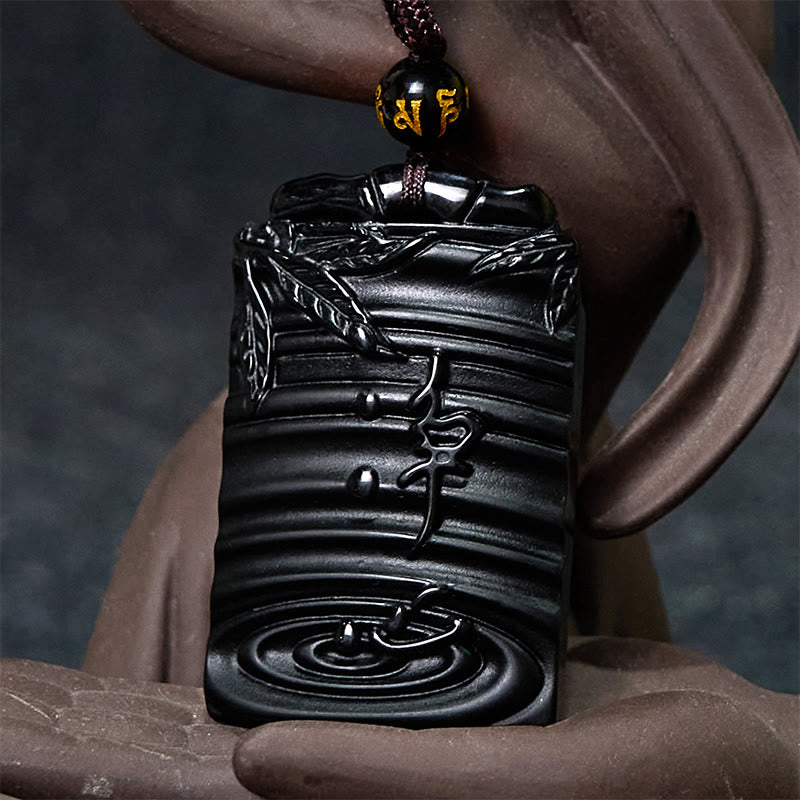 Natural Black Obsidian Bamboo Fulfillment Necklace Pendant - Image 8