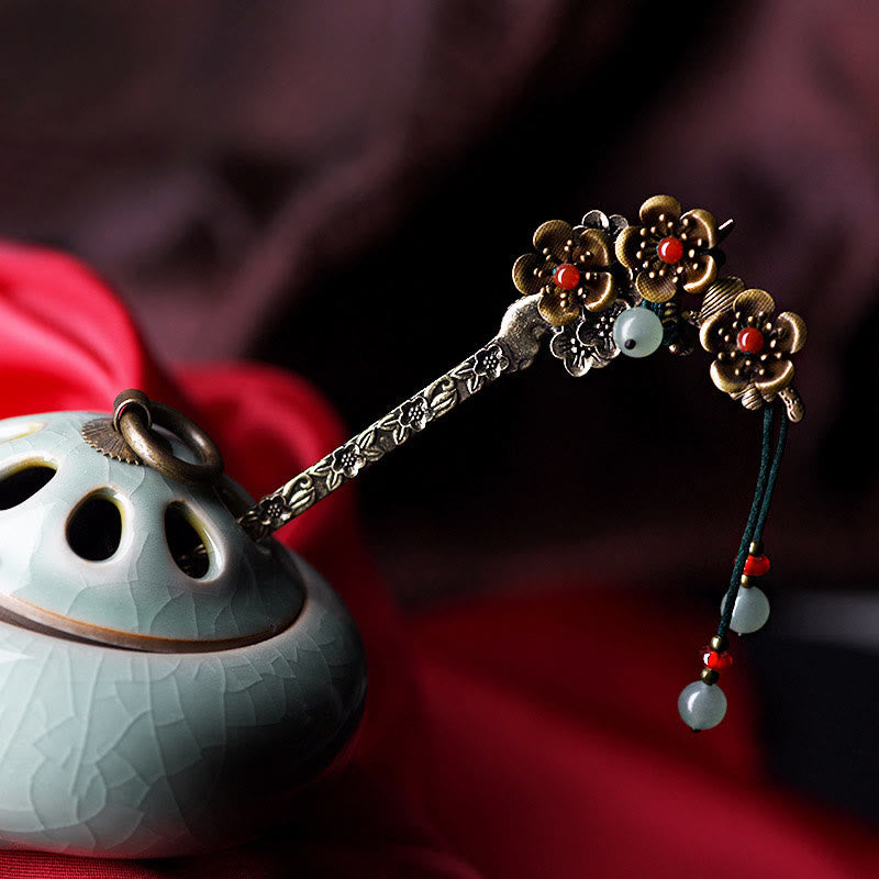 Green Aventurine Red Agate Alloy Flowers Soothing Hairpin