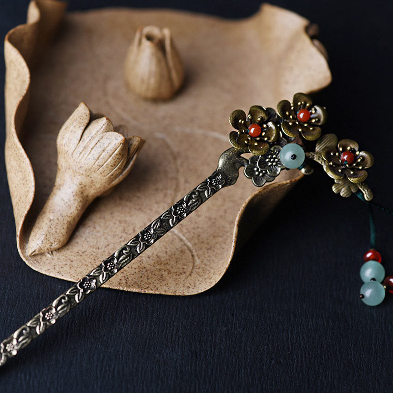 Green Aventurine Red Agate Alloy Flowers Soothing Hairpin - Image 3