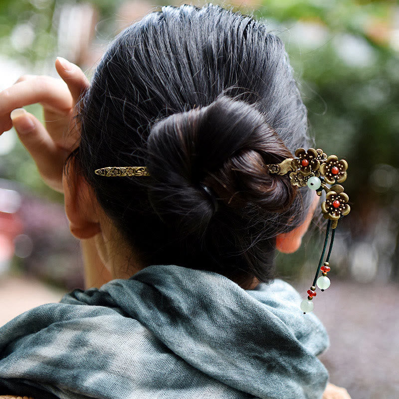 Green Aventurine Red Agate Alloy Flowers Soothing Hairpin - Image 4