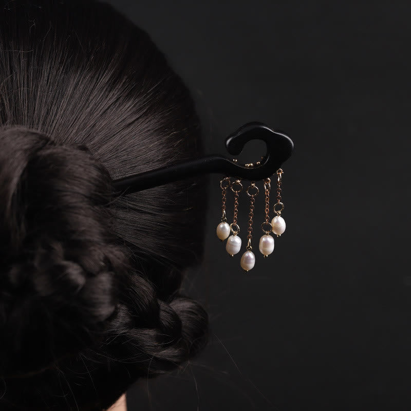 Ebony Auspicious Cloud Pearl Tassel Protection Hairpin