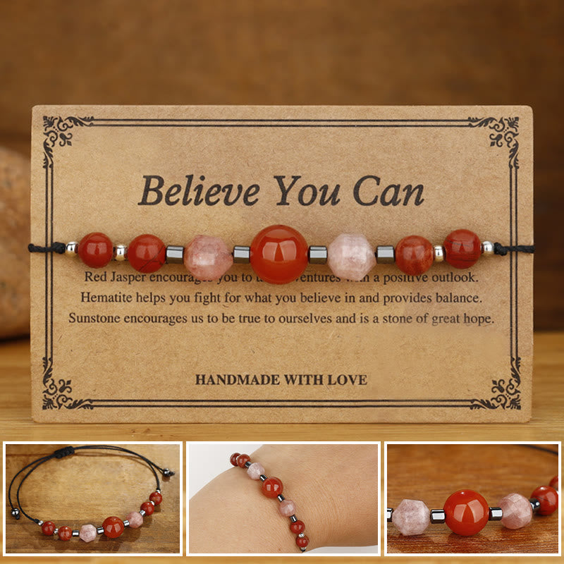 Believe You Can Carnelian Red Jasper Hematite Sun Stone Positive Bracelet