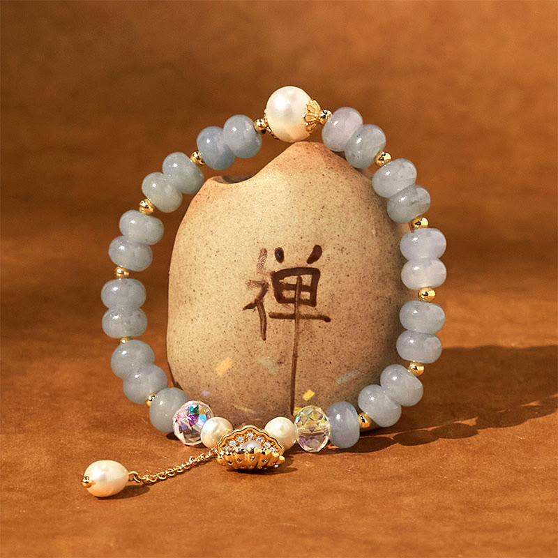 Natural Aquamarine Pearl Shell Healing Bead Bracelet - Image 7