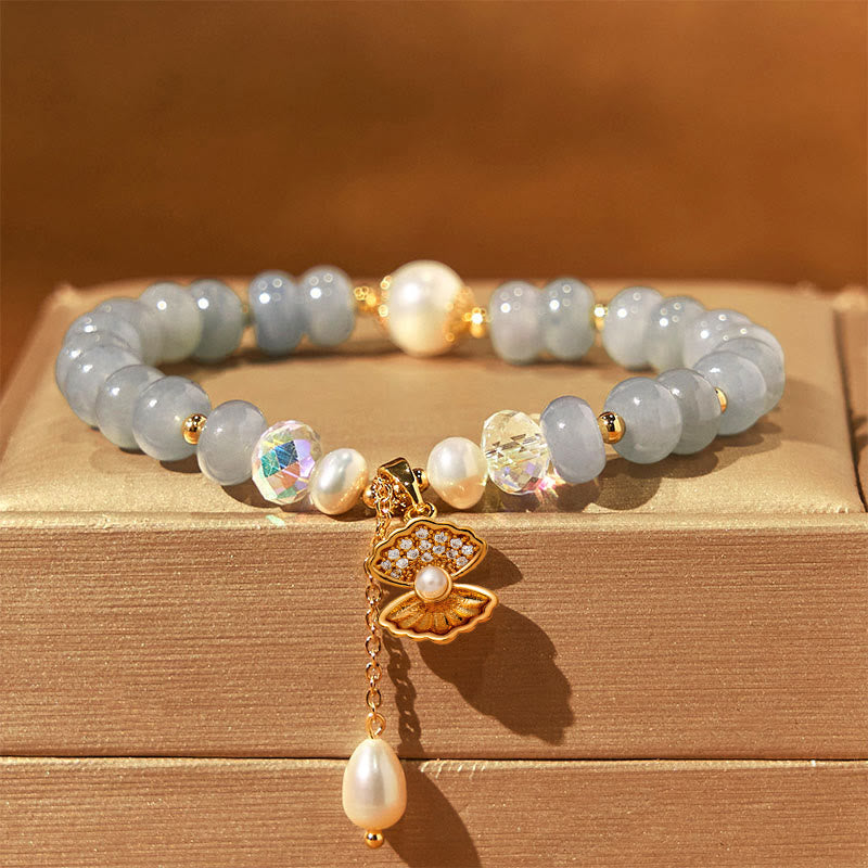 Natural Aquamarine Pearl Shell Healing Bead Bracelet - Image 8