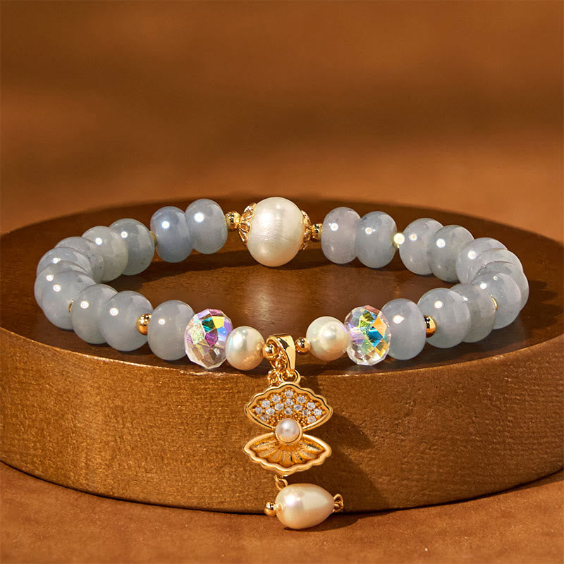 Natural Aquamarine Pearl Shell Healing Bead Bracelet - Image 5