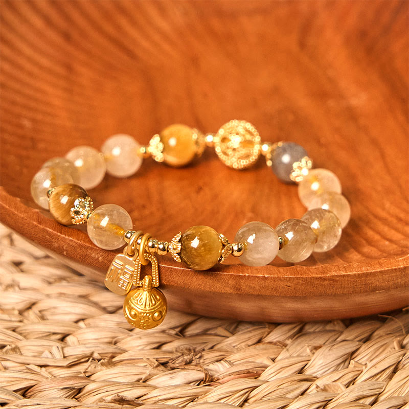 Natural Rutilated Quartz Fu Character Metal Swallowing Beast Auspiciousness Bracelet - Image 3