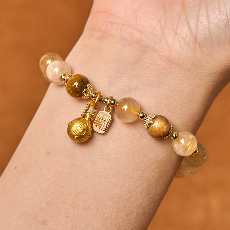 Natural Rutilated Quartz Fu Character Metal Swallowing Beast Auspiciousness Bracelet - Image 5