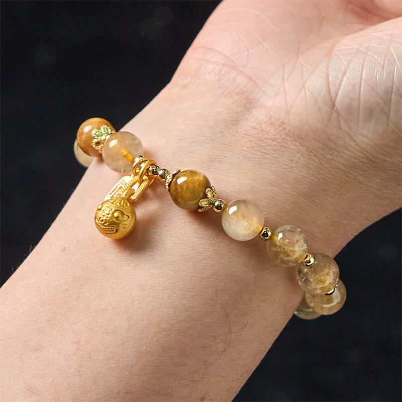 Natural Rutilated Quartz Fu Character Metal Swallowing Beast Auspiciousness Bracelet - Image 9