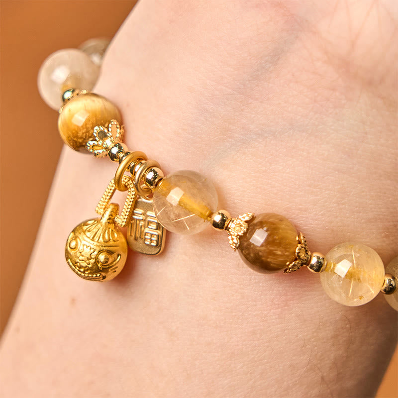 Natural Rutilated Quartz Fu Character Metal Swallowing Beast Auspiciousness Bracelet - Image 10