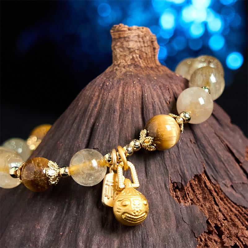 Natural Rutilated Quartz Fu Character Metal Swallowing Beast Auspiciousness Bracelet - Image 4