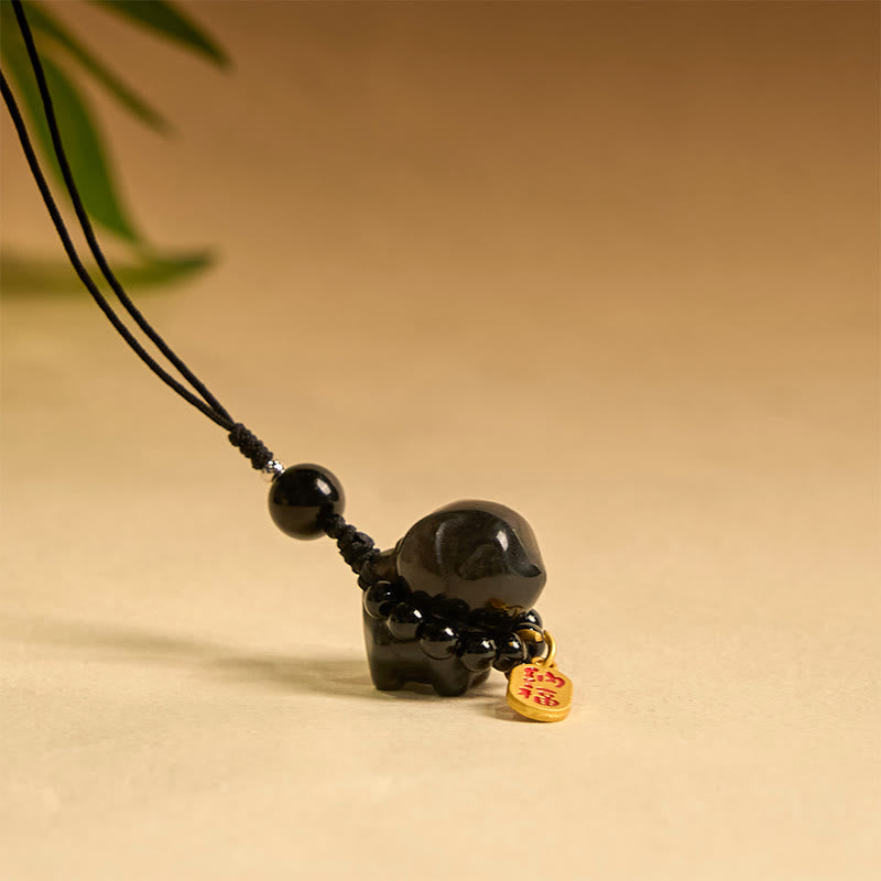 Buddha Stone Silver Sheen Obsidian Puppy Dog Fu Character Protection Necklace Phone Hanging Decoration - Image 5