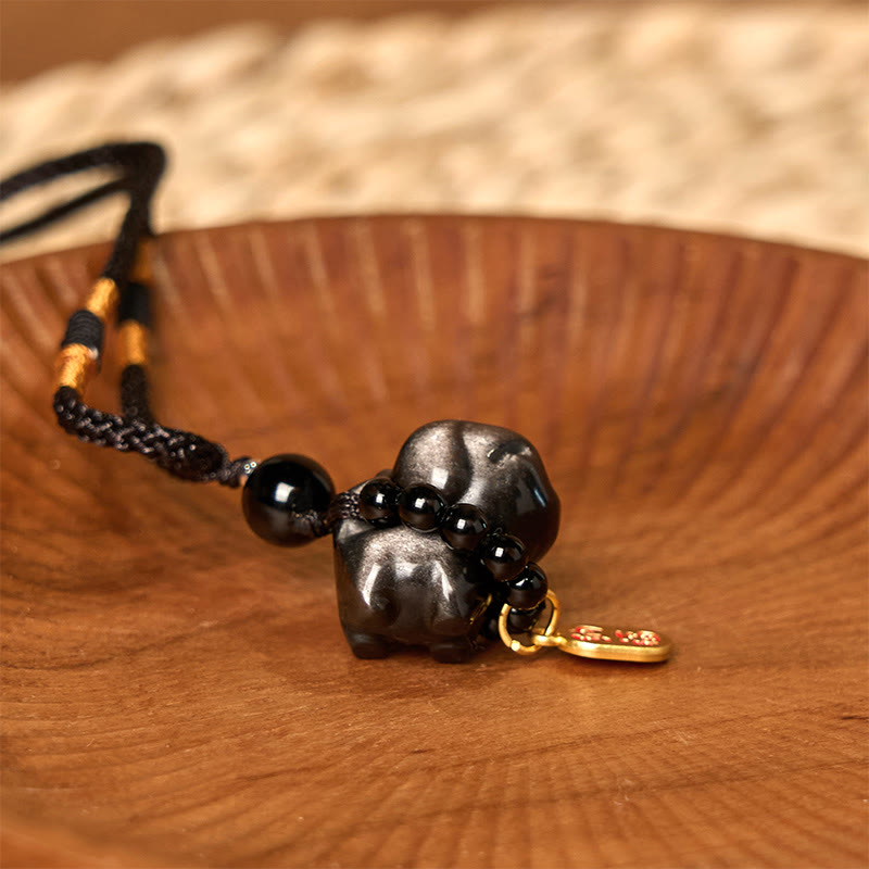 Buddha Stone Silver Sheen Obsidian Puppy Dog Fu Character Protection Necklace Phone Hanging Decoration - Image 13